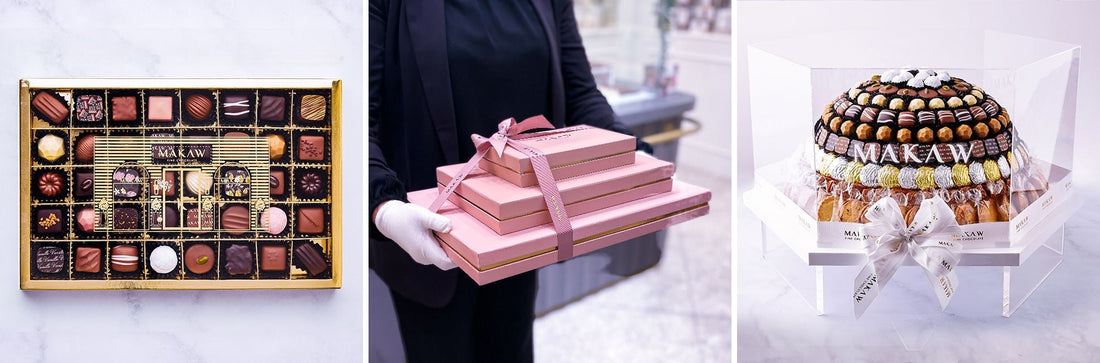 Makaw gift boxes: a Medium Discovery box of bonbons, a Medium Pyramid of three boxes and a Pearl Top acrylic tray