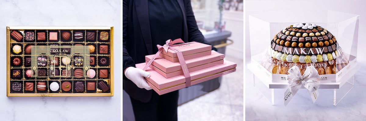 Makaw gift boxes: a Medium Discovery box of bonbons, a Medium Pyramid of three boxes and a Pearl Top acrylic tray