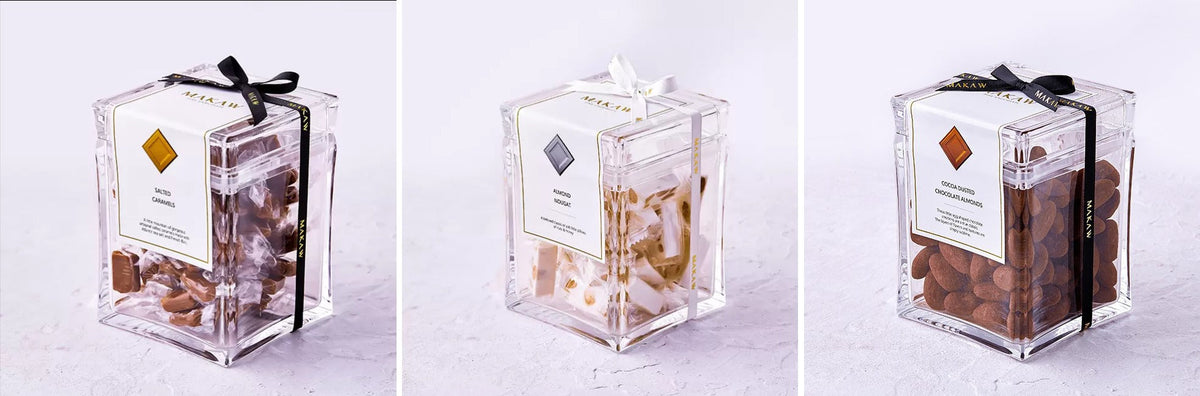 Makaw confectionery jars: salted caramels, almond nougat and cocoa dusted chocolate almonds