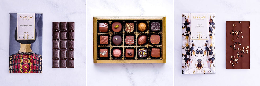 Makaw chocolates for everyday enjoyment: a caramel cream filled dark bar, a Small Discovery box of bonbons and a Rice Crispy milk chocolate bar