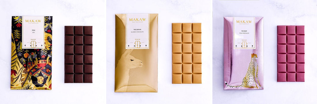 Three Makaw 100g chocolate bars side by side: Peru 65% dark, The Zephyr blonde and The Ruby naturally pink